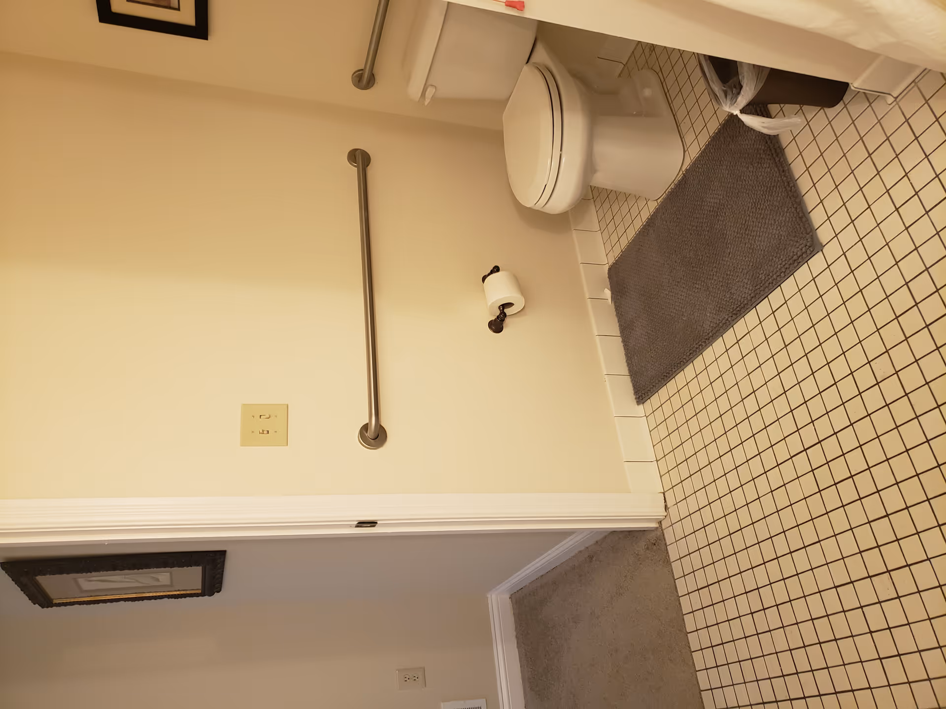 Public bathroom with toilet, grab bars, tiled floor, and a rug.