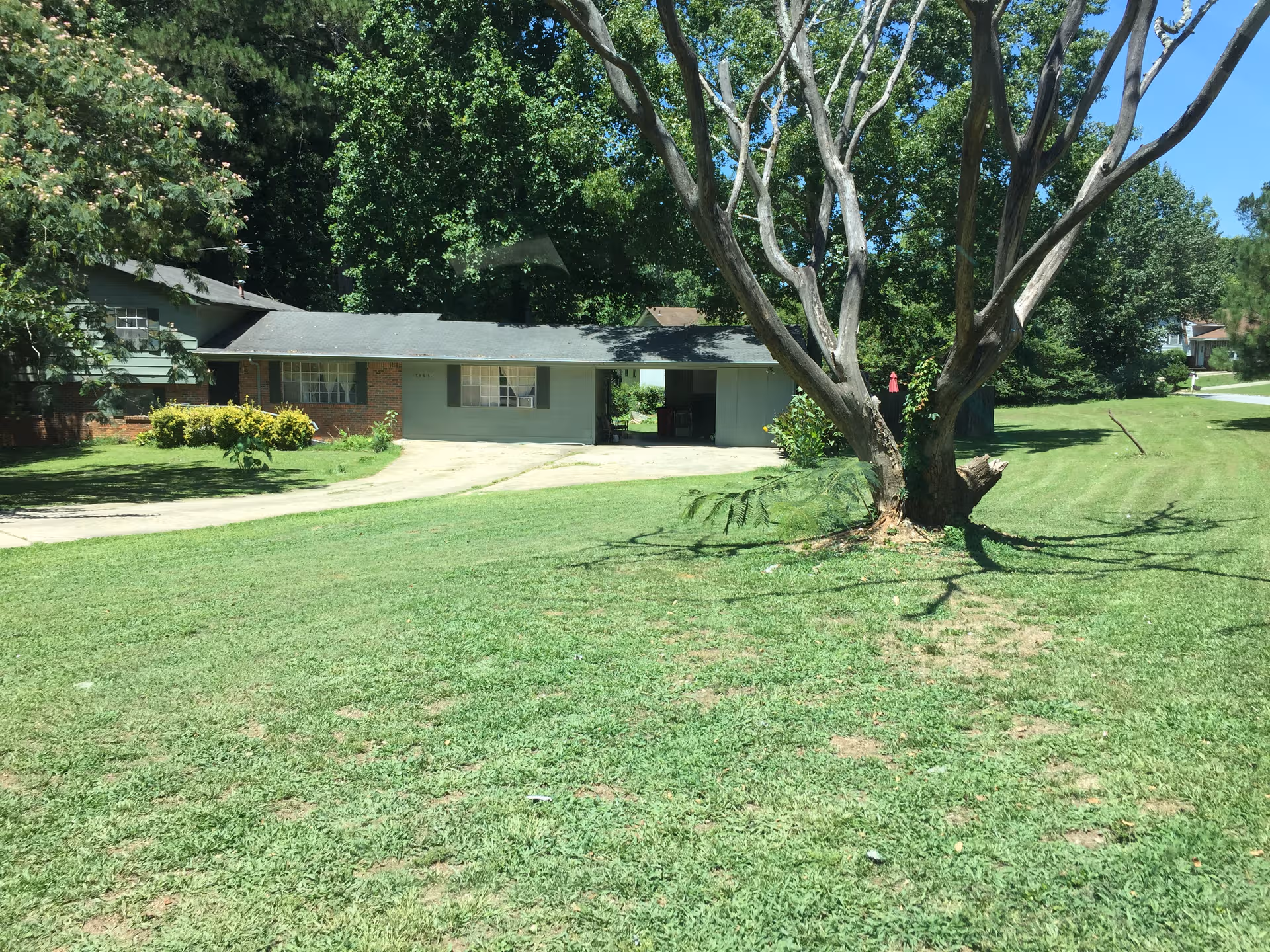 A single-story care facility with a driveway, expansive lawn, and a large tree.