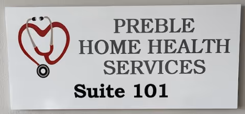 Interior wall sign for Preble Home Health Services Suite 101 with stethoscope logo.