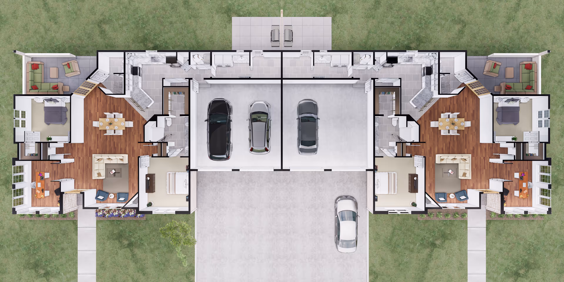 Top-down floor plan of a twin-wing senior living facility showing units, corridors, and parking.
