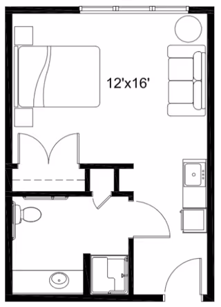 Floor plan of a 12x16-foot suite with bed, sofa, kitchenette, and bathroom.