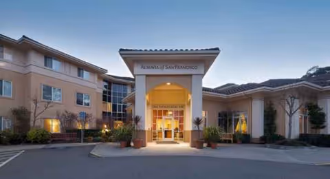 Front entrance of AlmaVia of San Francisco senior living facility.
