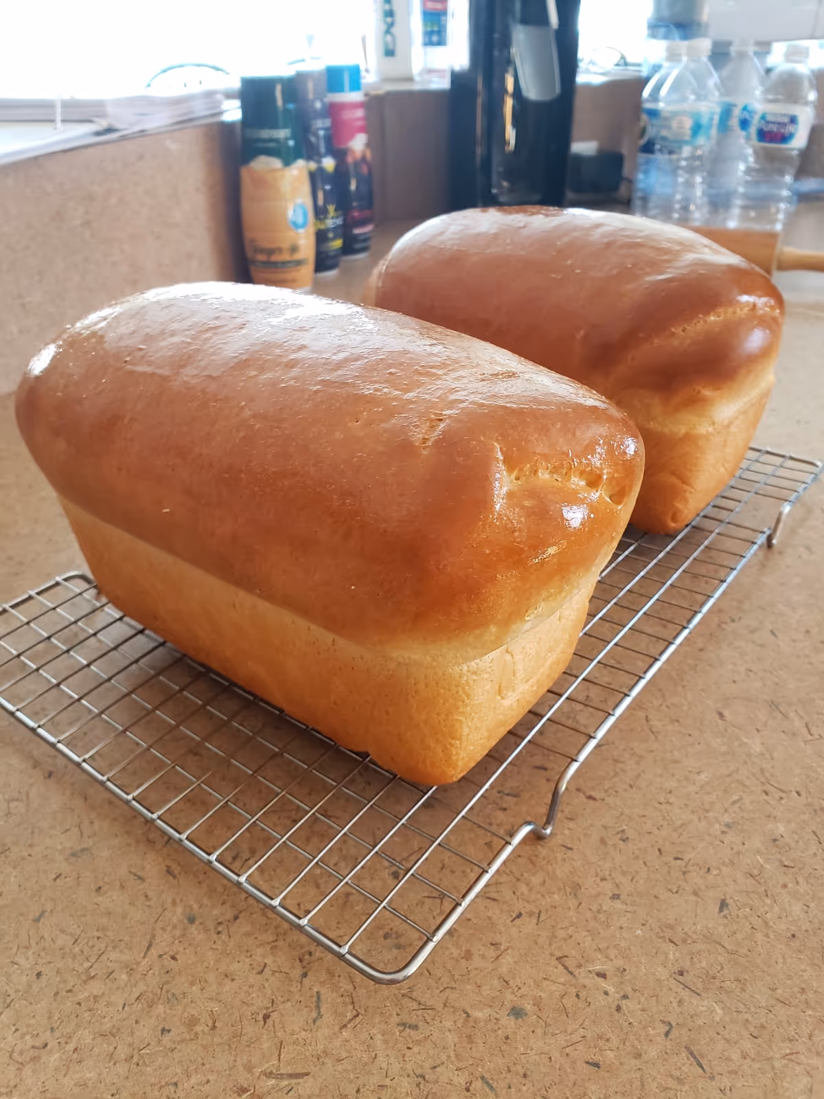 Two golden loaves of bread cooling on a wire rack on a kitchen counter.