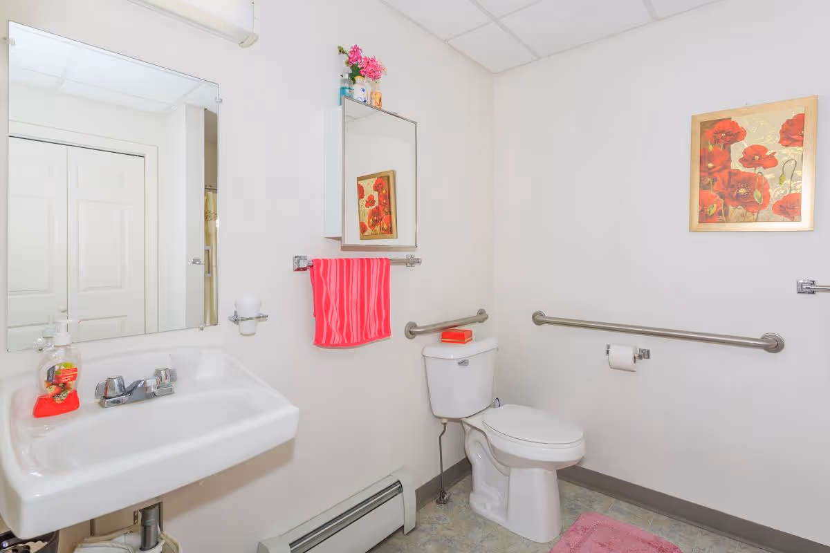 A clean bathroom with a white sink and faucet, a mirror above the sink, a white toilet with grab bars on both sides, a pink towel hanging on a towel rack, a pink bath mat on the floor, and a framed picture of red flowers on the wall.
