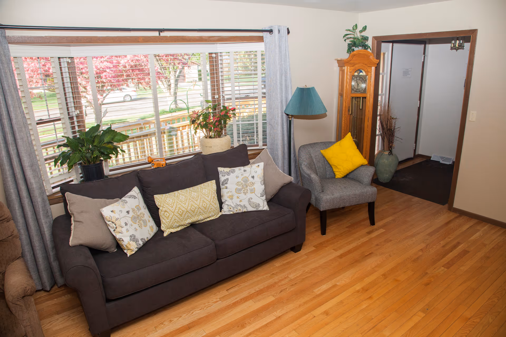 Cozy living room with a dark sofa, chair, plants, and large window.