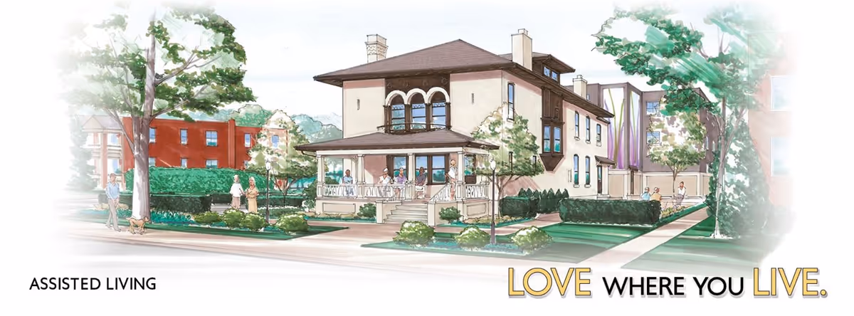 Illustrated exterior view of Oakwood Senior Living with a porch and landscaped surroundings.