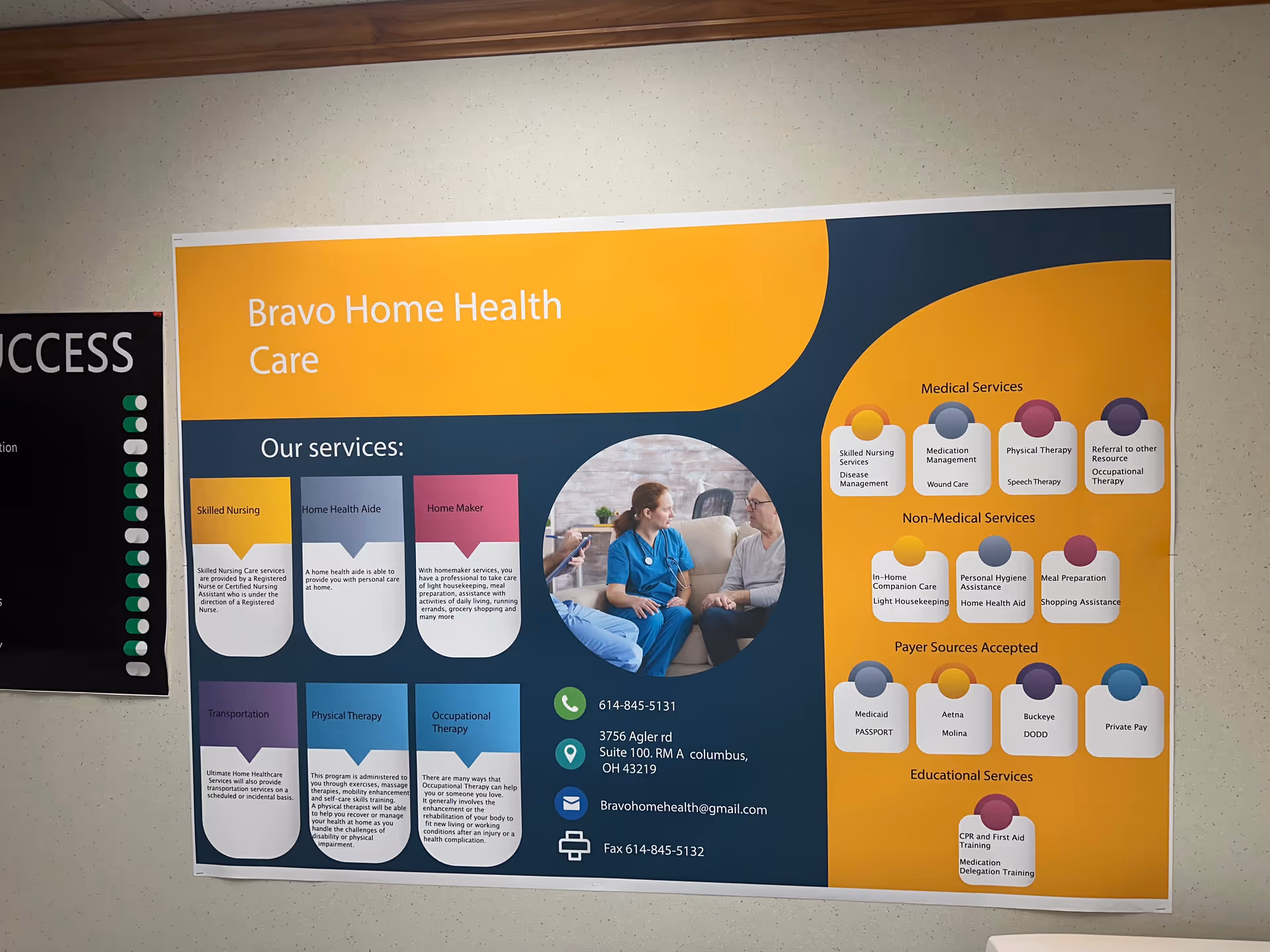 Colorful Bravo Home Health Care services poster mounted on a wall inside a facility