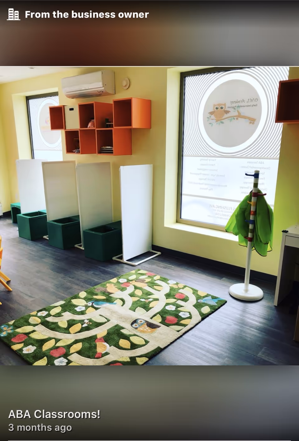 Colorful early intervention classroom interior with cubbies, partitions, and a patterned rug.