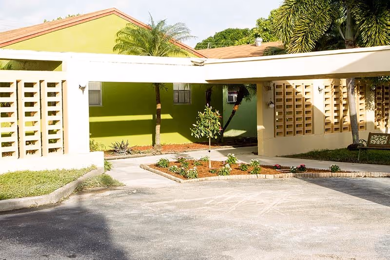Front exterior of Eastside Active Living with a lime green wall, walkway, and palm trees.