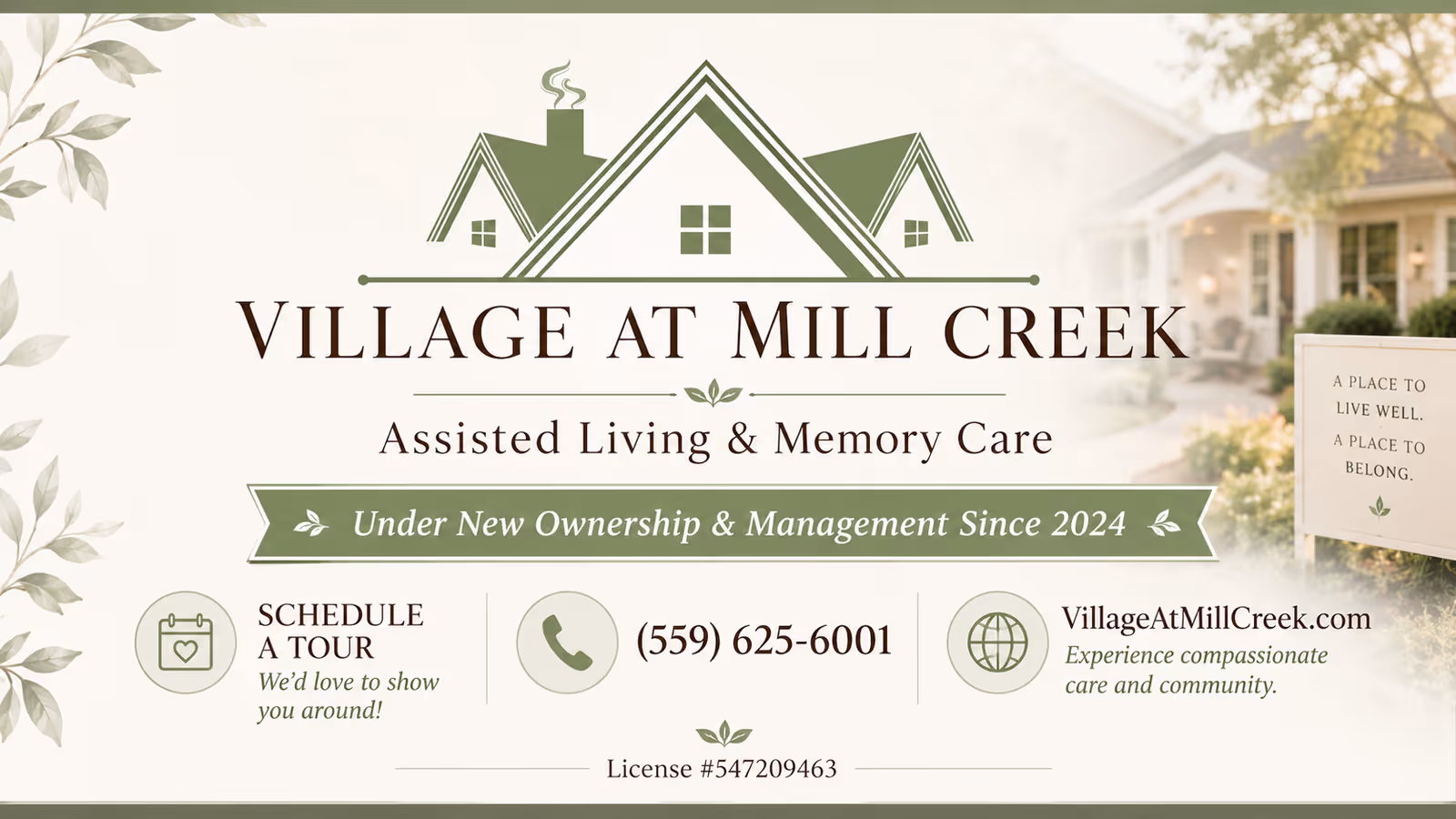 Sign reads Village at Mill Creek, Assisted Living & Memory Care, with a blurred building behind.