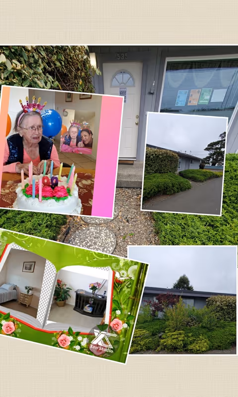 Collage of Oceanside Care Home exterior, entrance, interiors, and birthday celebration photo.