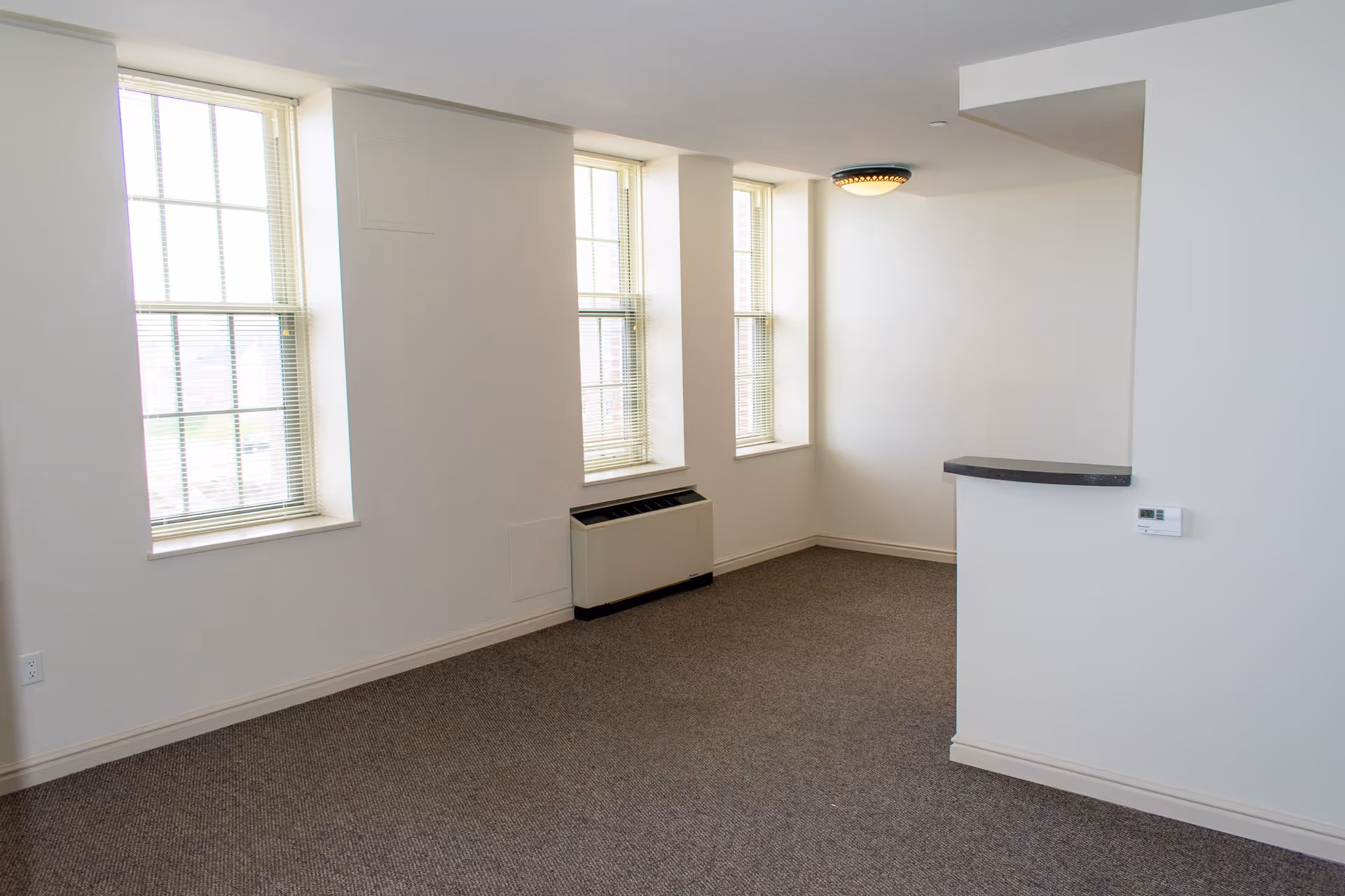 Empty white walls in a senior living room with three windows, carpet, and a small counter.