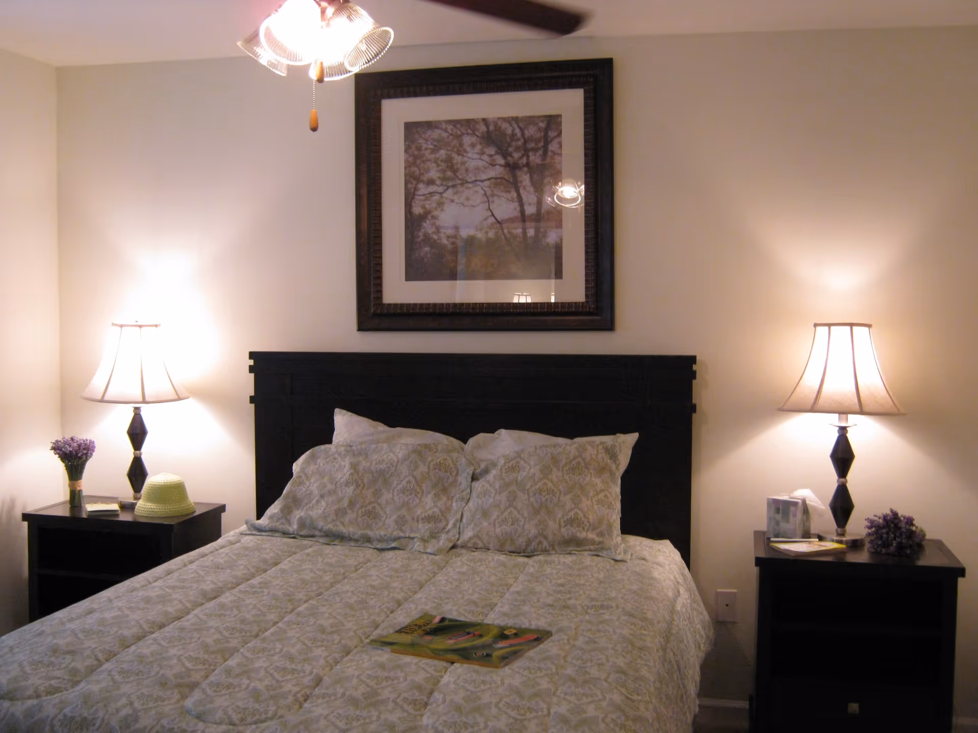 A bedroom with a neatly made bed featuring patterned bedding and two pillows. On either side of the bed are dark wooden nightstands, each with a lamp emitting warm light. The left nightstand has a small vase with purple flowers and a green hat, while the right nightstand has a box of tissues, a magazine, and another small purple flower arrangement. Above the bed hangs a framed picture of trees.