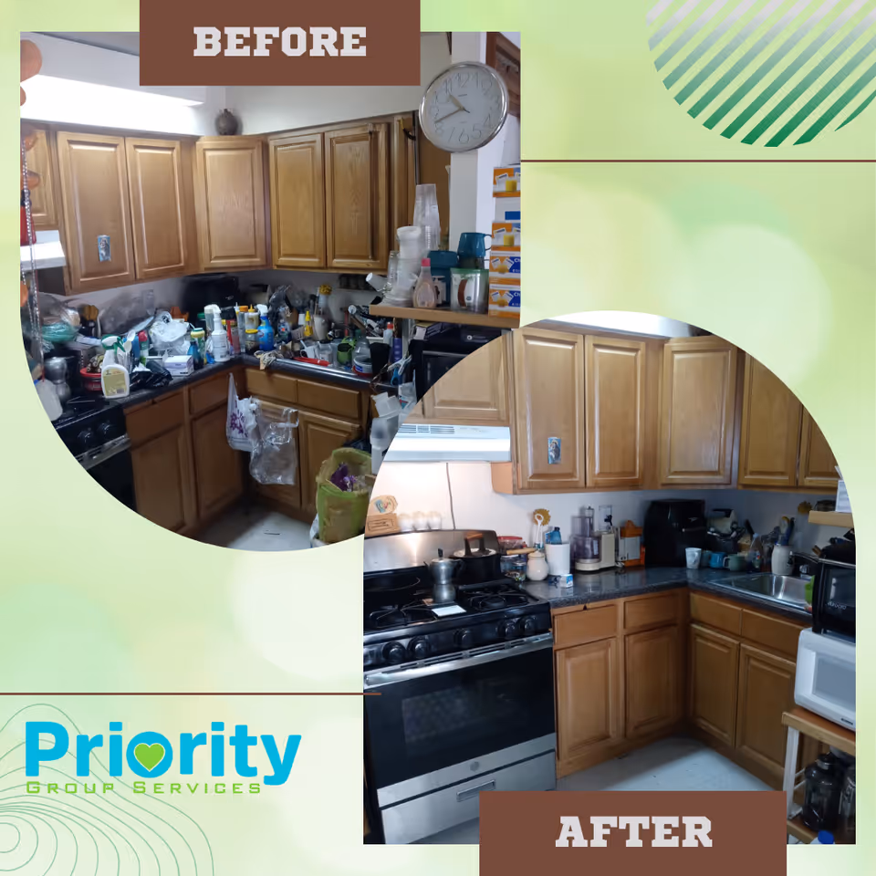 Before-and-after kitchen collage showing cluttered countertops and cleaned cabinets.