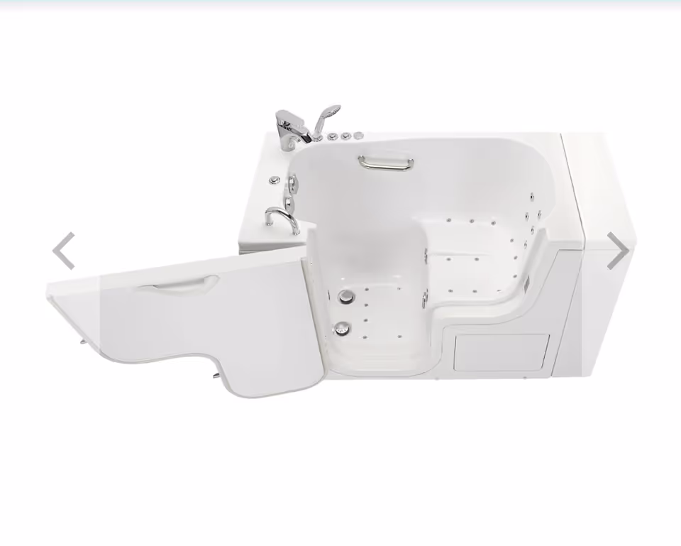 White walk-in bathtub with a side door and jets, set against a white background.