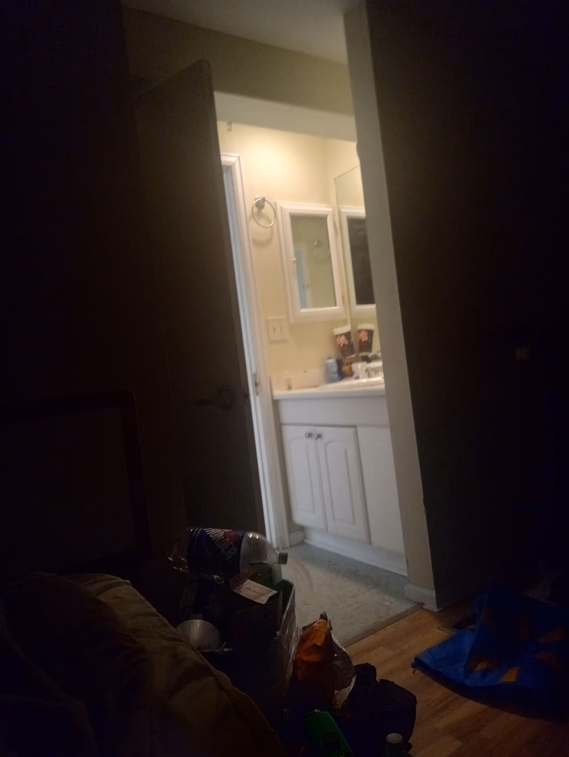 Dimly lit living space with open door to bathroom vanity, cluttered foreground.