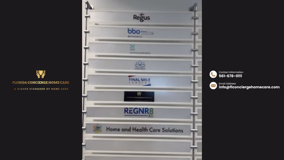 Sign panel displaying multiple healthcare logos and Florida Concierge Home Care branding.