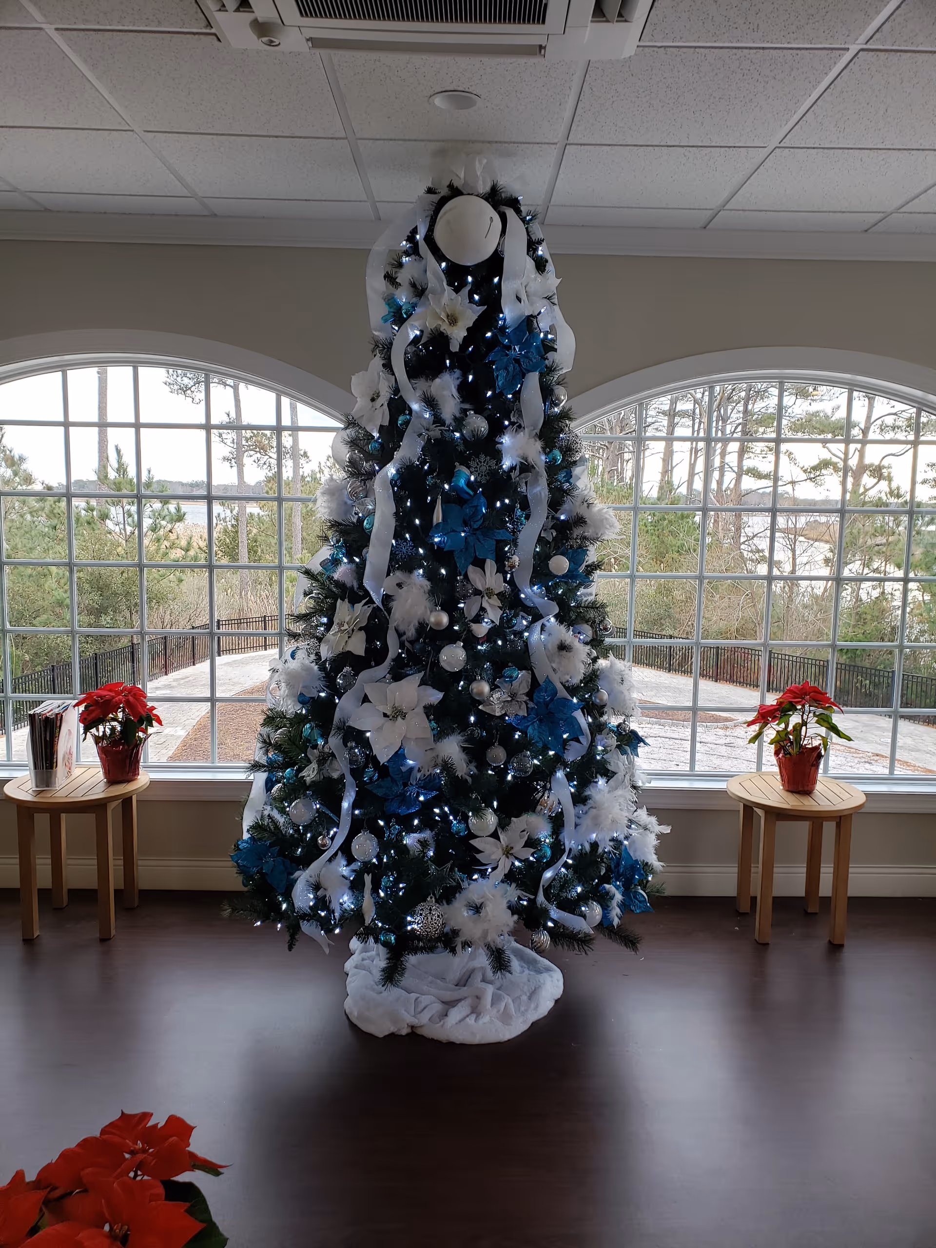 Blue-and-white decorated Christmas tree stands in a bright room with arched windows.