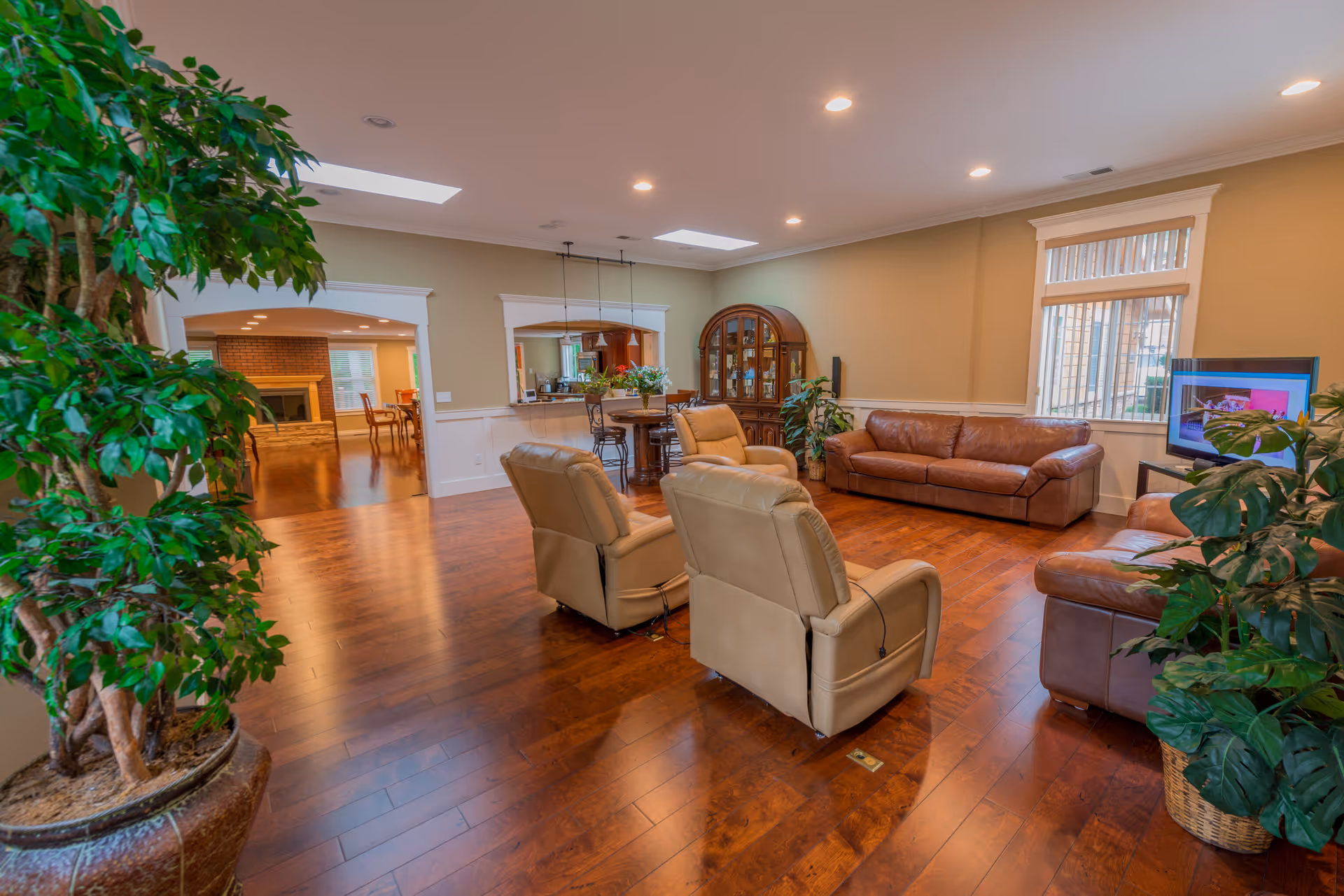 A spacious living room with wooden flooring, featuring two beige recliner chairs and two brown leather sofas. There are large potted plants on either side of the room, a wooden cabinet against the far wall, and a TV on a stand near a window with blinds. The room is well-lit with recessed ceiling lights and natural light from skylights and windows. An open doorway leads to a dining area with a fireplace and wooden chairs.