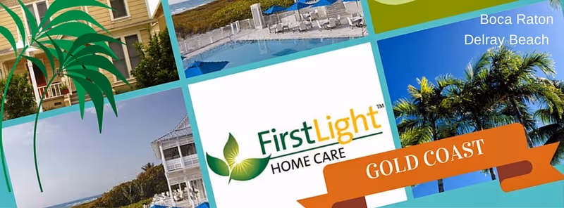 Collage of FirstLight Home Care Delray Beach outdoor photos featuring pool, palm trees, and branding.