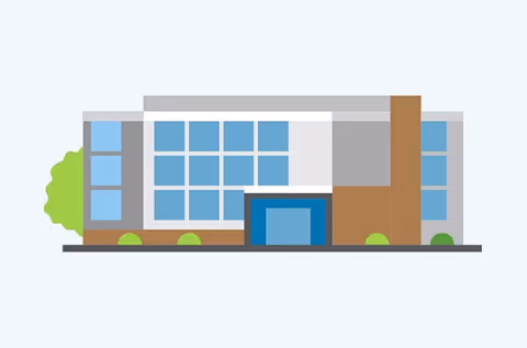 Illustrated modern building facade with large blue windows and greenery in front.