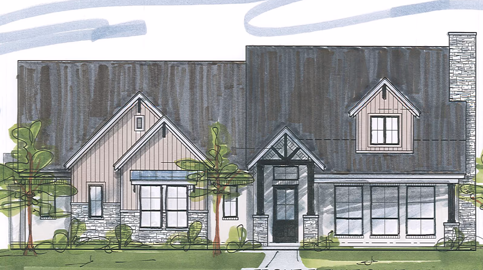 Architectural drawing of a single-story house exterior with a dark roof, light-colored siding, stone accents, multiple windows, a front door under a small porch with a gable roof, and surrounding greenery including trees and bushes.