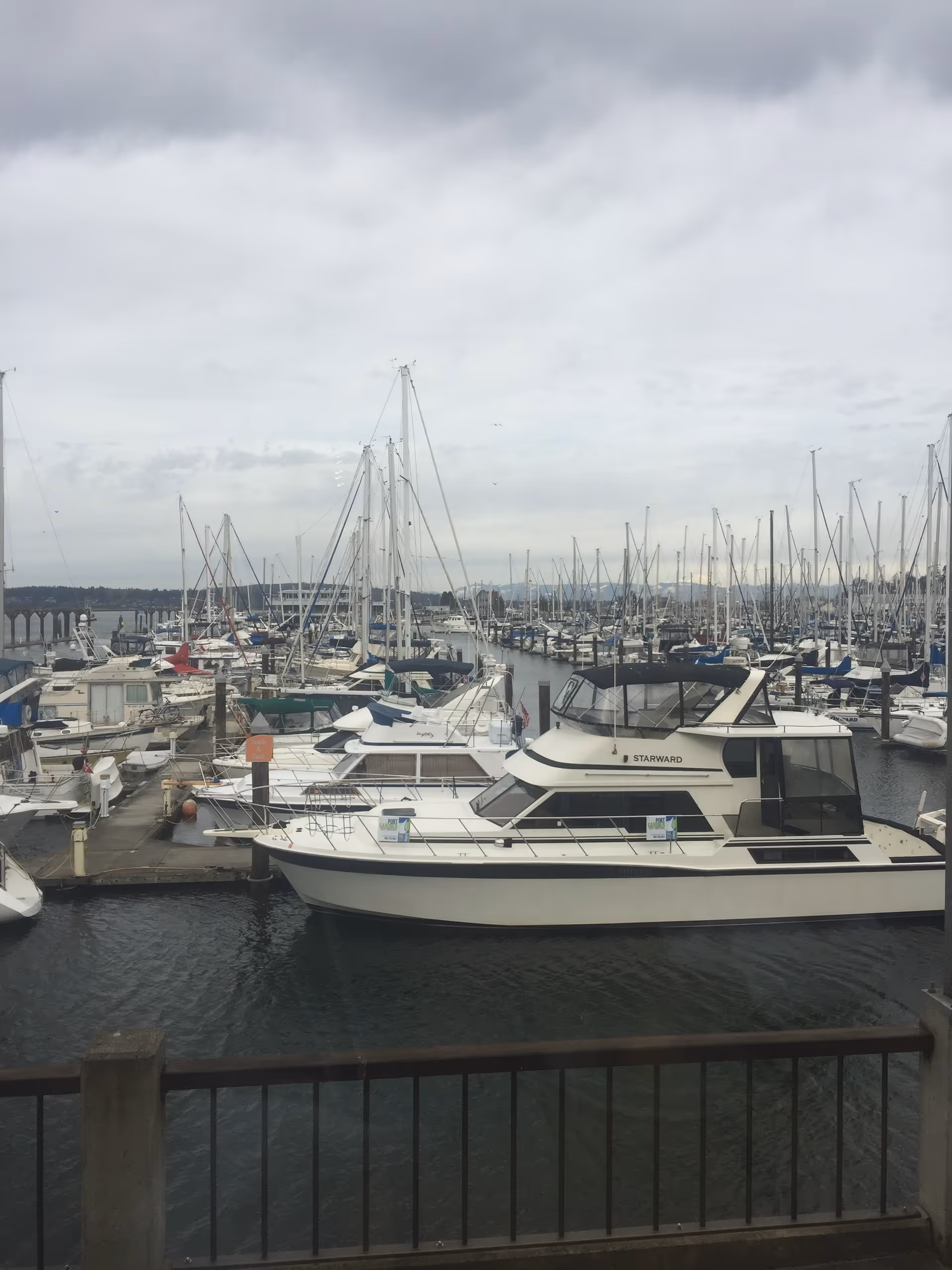 Marina with numerous sailboats and a large motor yacht docked along a pier.