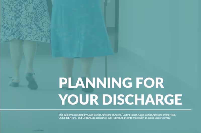 Two people walk down a hallway with a teal overlay and discharge planning headline.