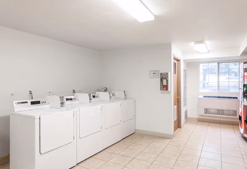 Row of white laundry machines along a wall in a bright, tiled laundry room.