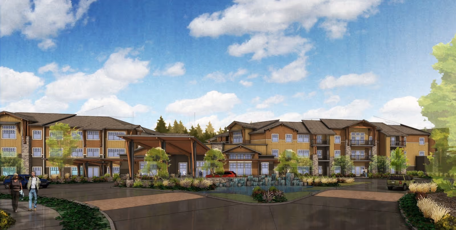Front exterior rendering of a multi-story senior living building with a landscaped circular driveway and entrance canopy.