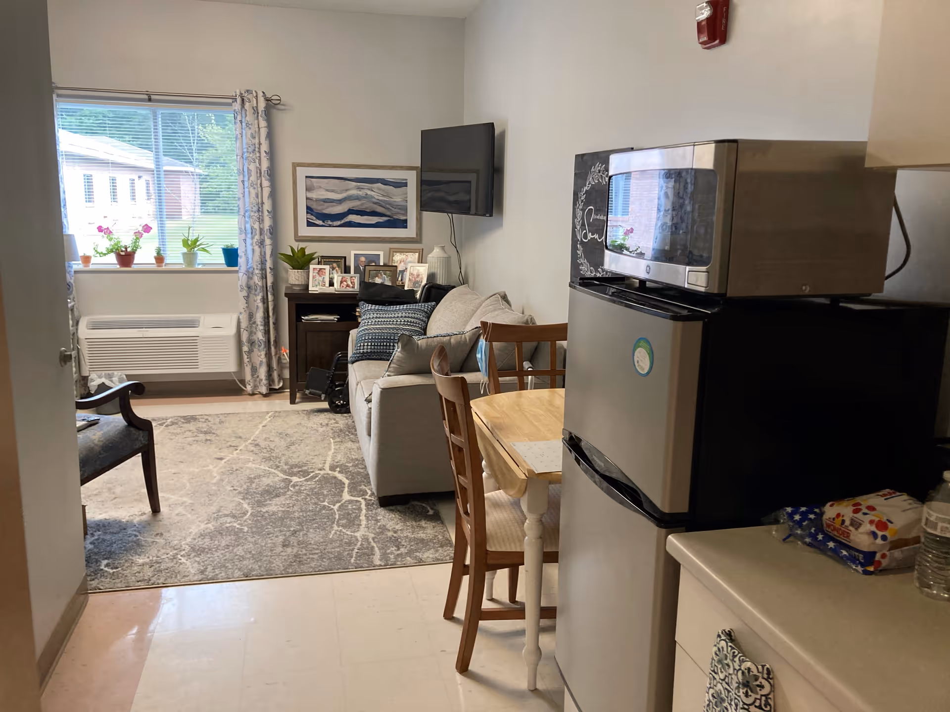 Small studio-style senior living apartment showing a kitchenette with a mini-fridge and microwave in the foreground and a living area with a couch, TV, window and plants in the background.