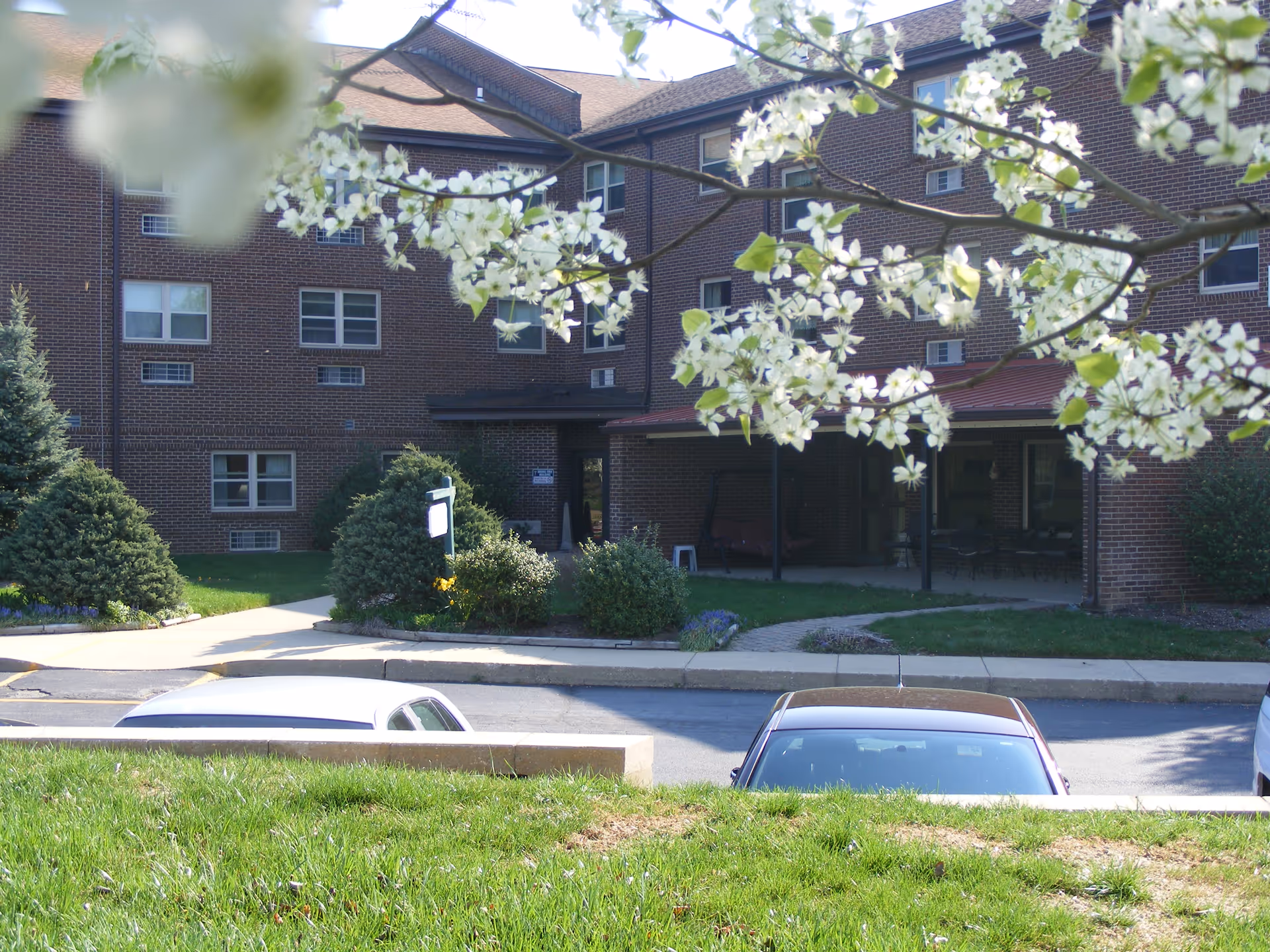 Brick senior living building exterior with blooming branches and parked cars