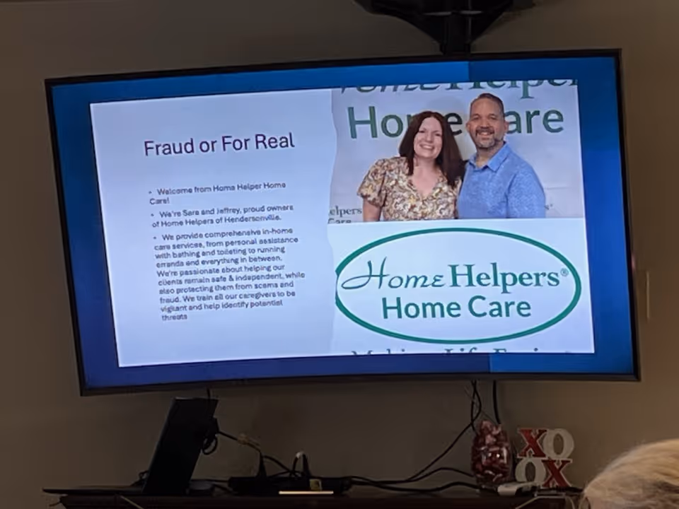 TV screen displaying 'Fraud or For Real' slide with people and Home Helpers Home Care logo