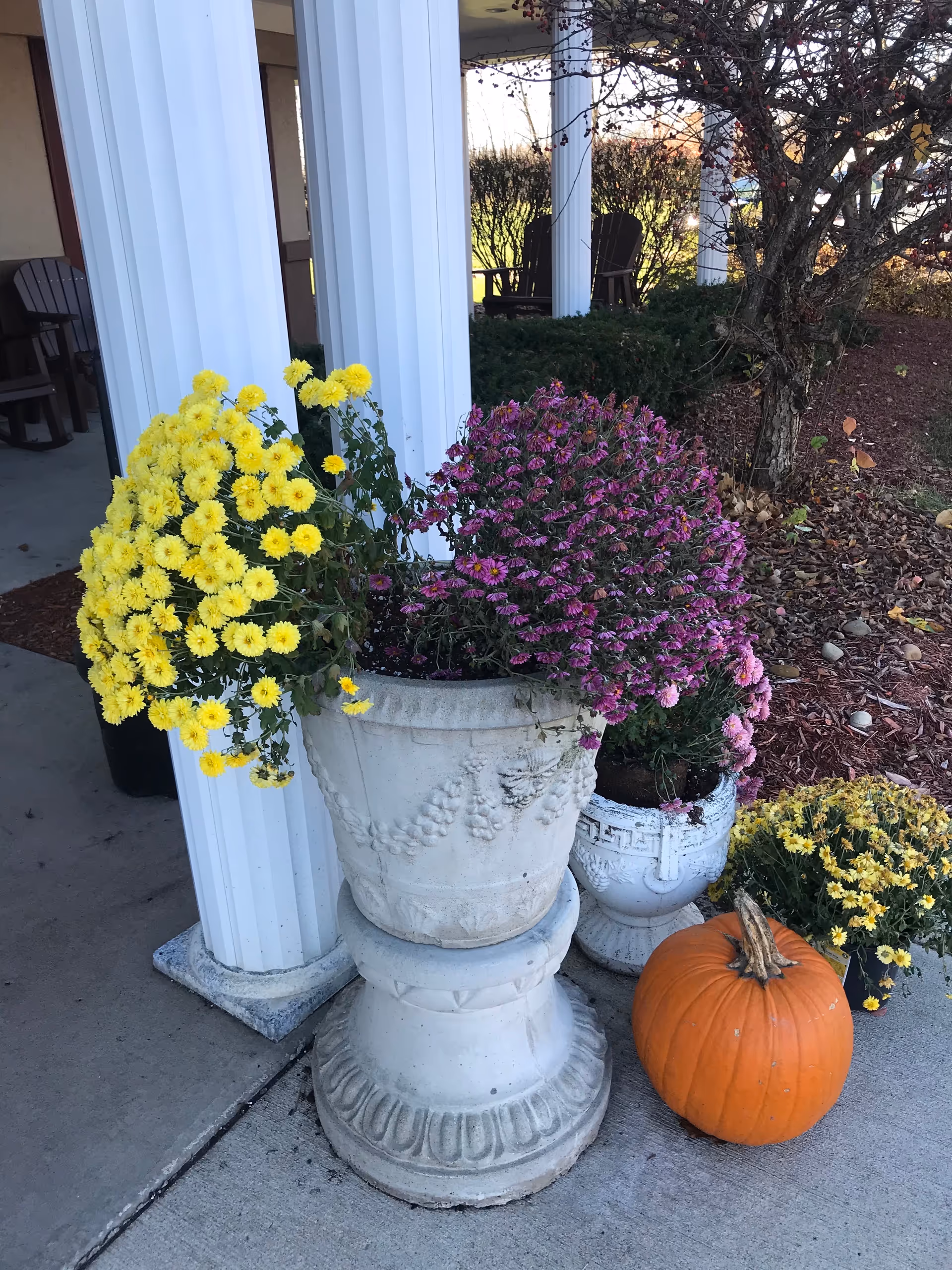 Floral planters and a pumpkin decorate a porch at the Gables Care Center.