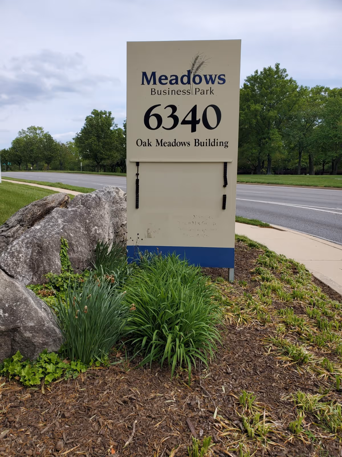 A roadside Meadows Business Park sign surrounded by landscaping along a road.