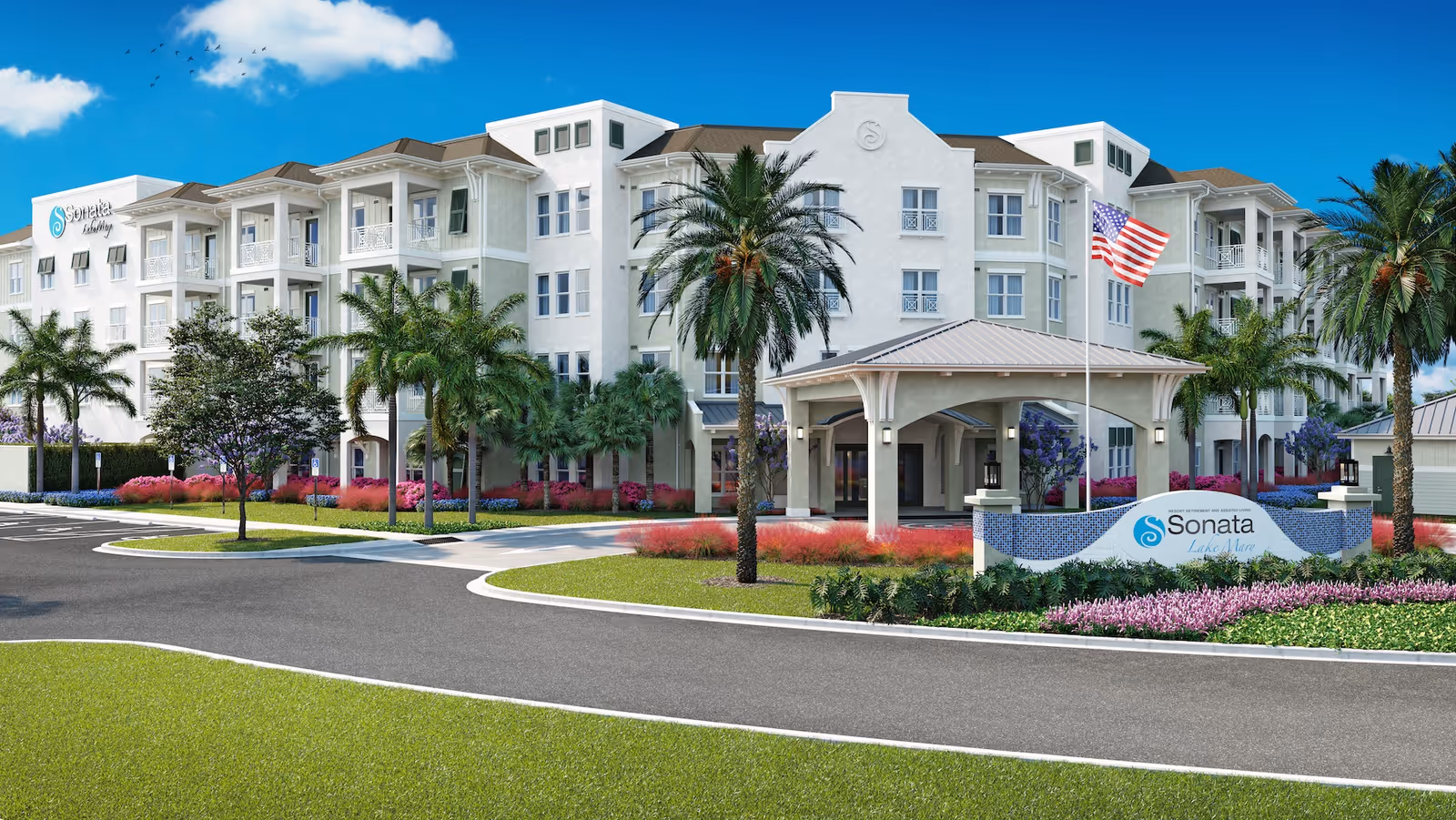 Exterior view of Sonata Lake Mary, a multi-story senior living facility with a covered entrance, palm trees, landscaped gardens, and an American flag flying near the entrance sign.