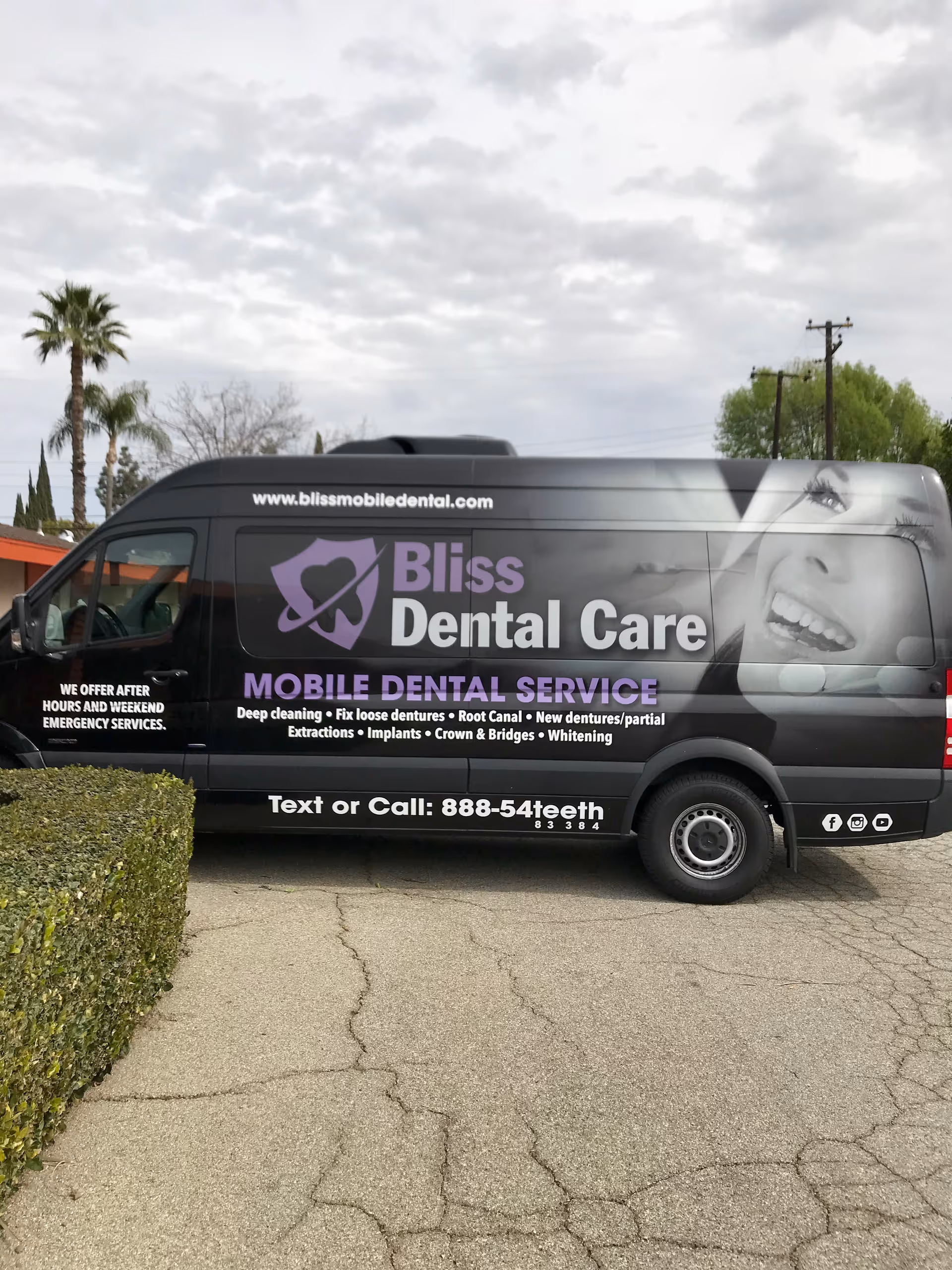 A black Bliss Dental Care van parked on a cracked asphalt lot with shrubs nearby.