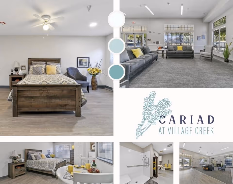 Collage depicting a bedroom, spacious lounge, bathroom, and Cariad at Village Creek logo.