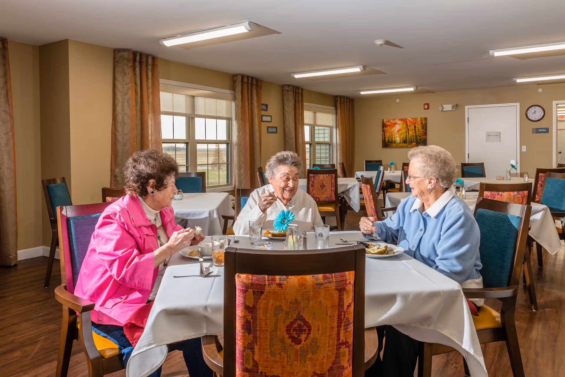 Three elderly women sitting at a table in a dining room, enjoying a meal and engaging in conversation. The room has several tables with white tablecloths, wooden chairs with colorful cushions, large windows with curtains, and a painting on the wall.