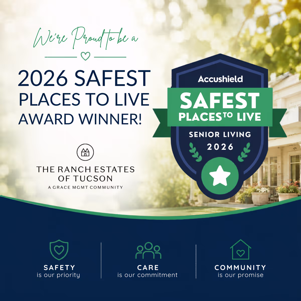 Promotional banner for The Ranch Estates of Tucson with 2026 Safest Places to Live award logo