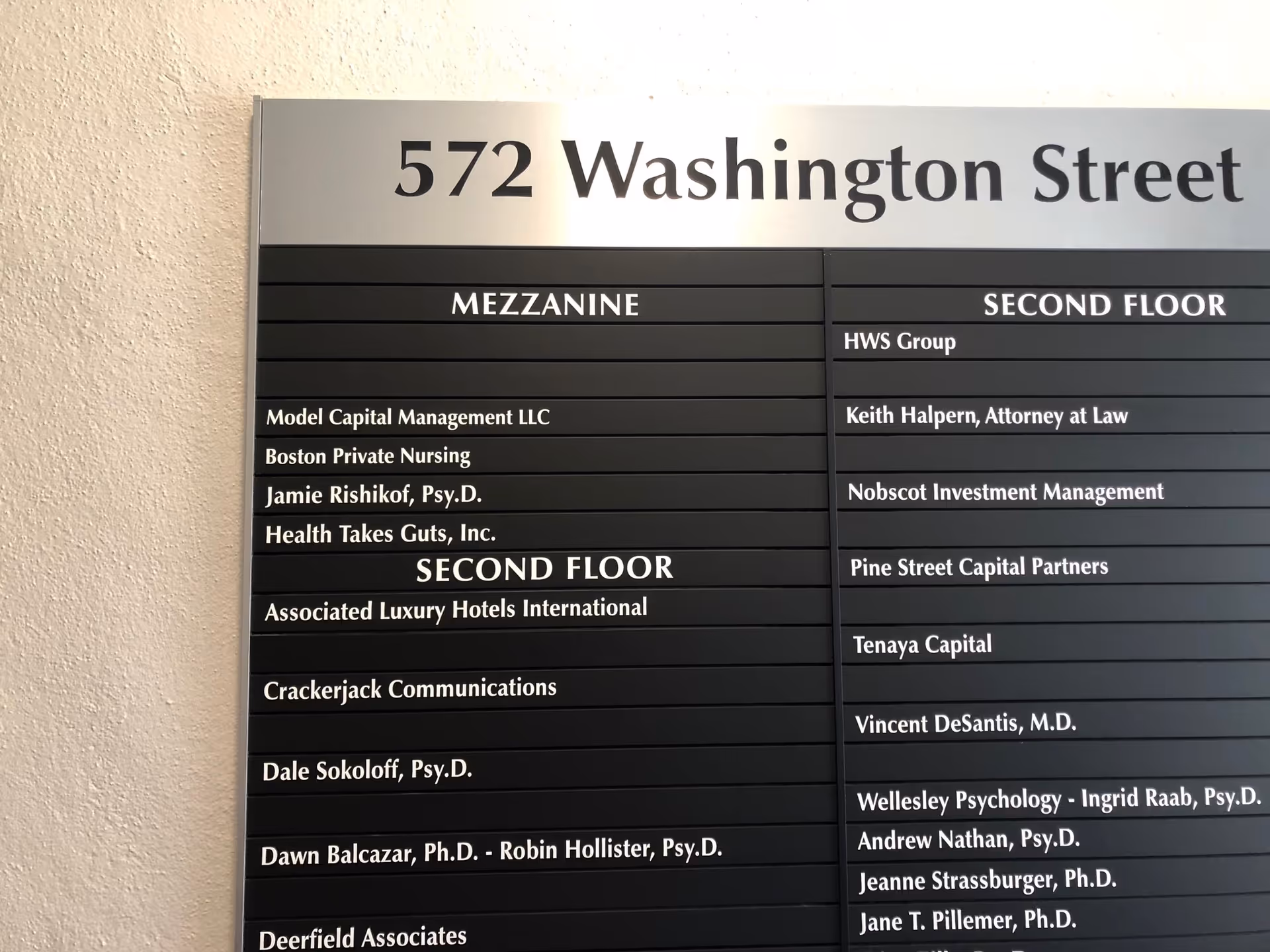 A wall directory sign listing tenants and floor levels at 572 Washington Street.