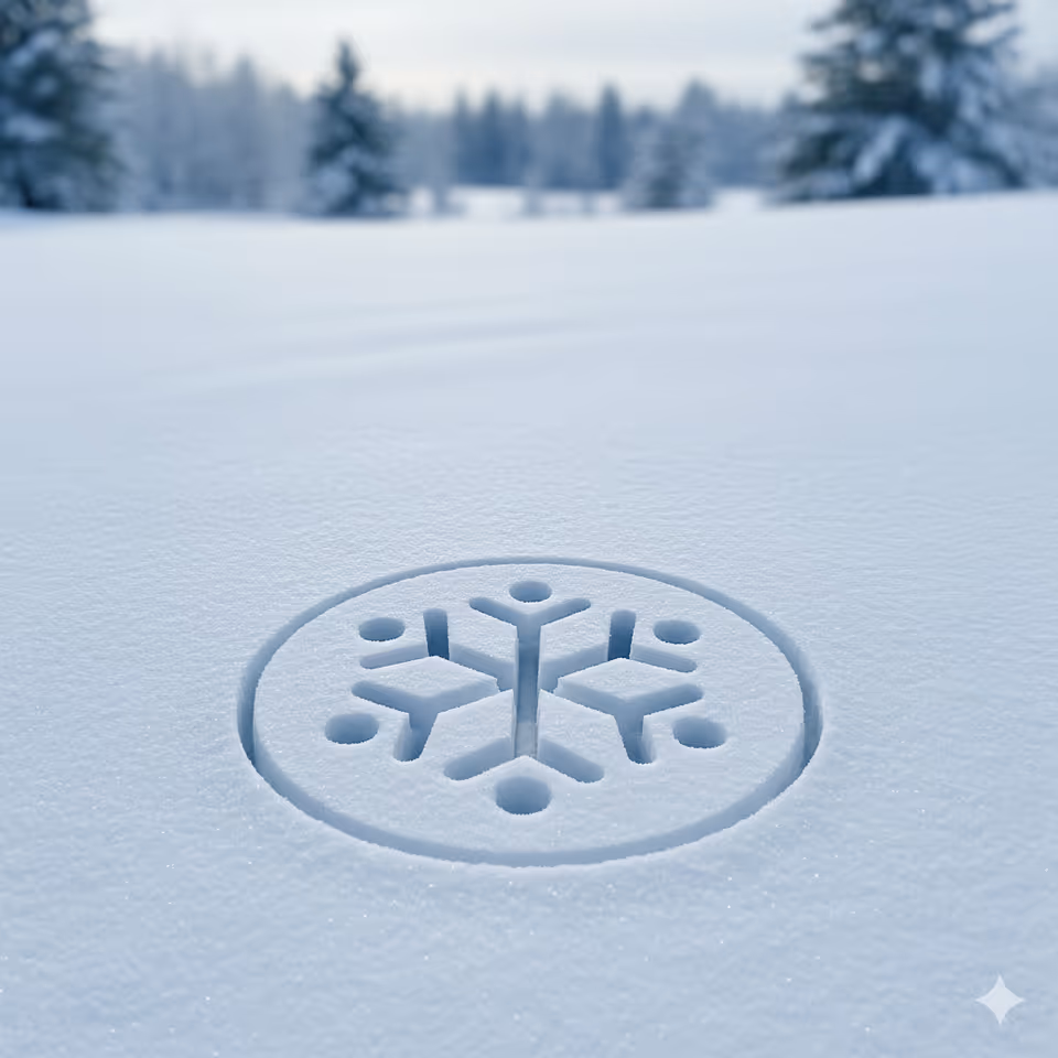Close-up of a circular snowflake-pattern drain cover on snow with distant trees.