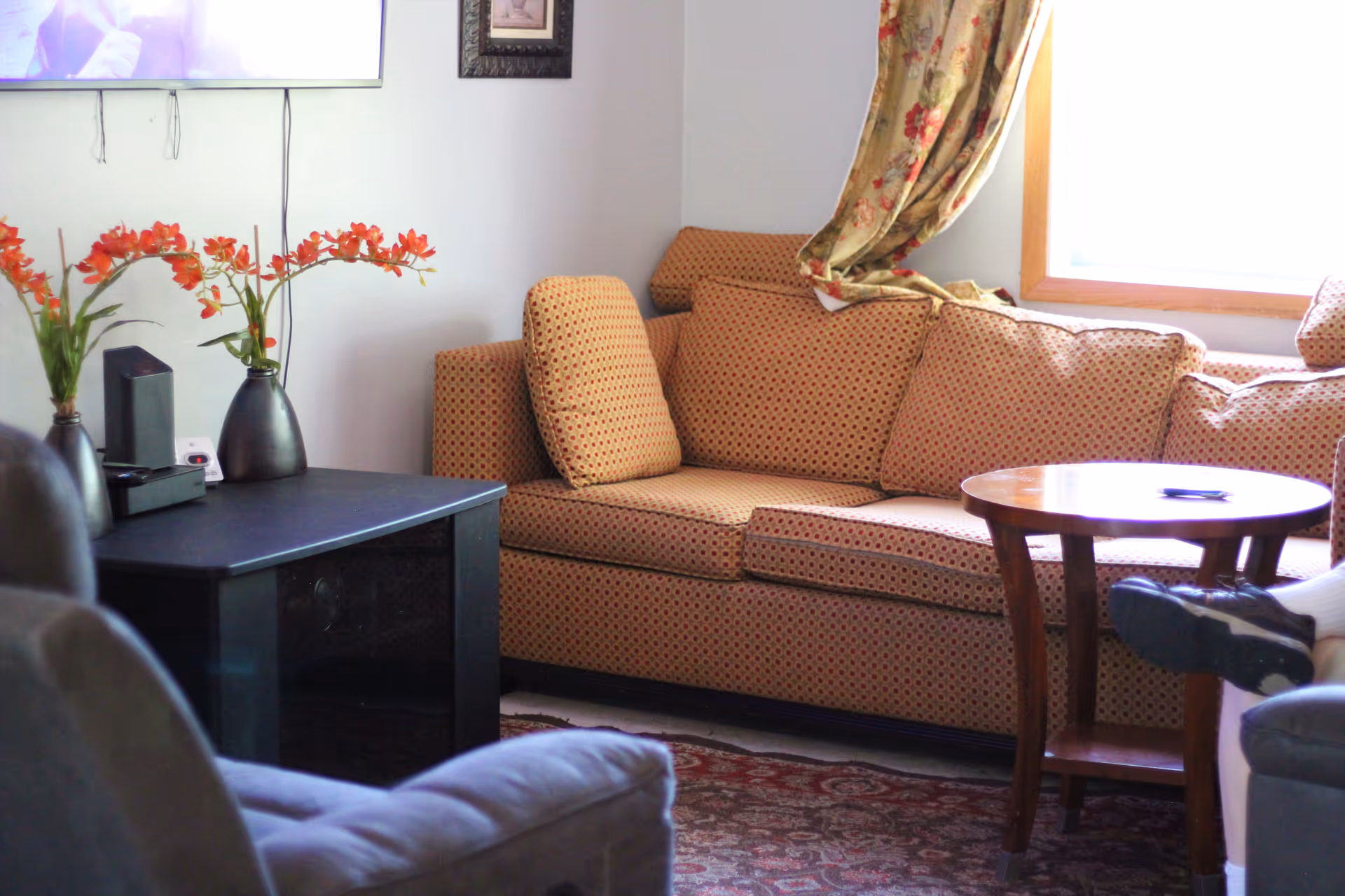 Cozy living room with a patterned sofa, coffee table, TV, and a bright window.