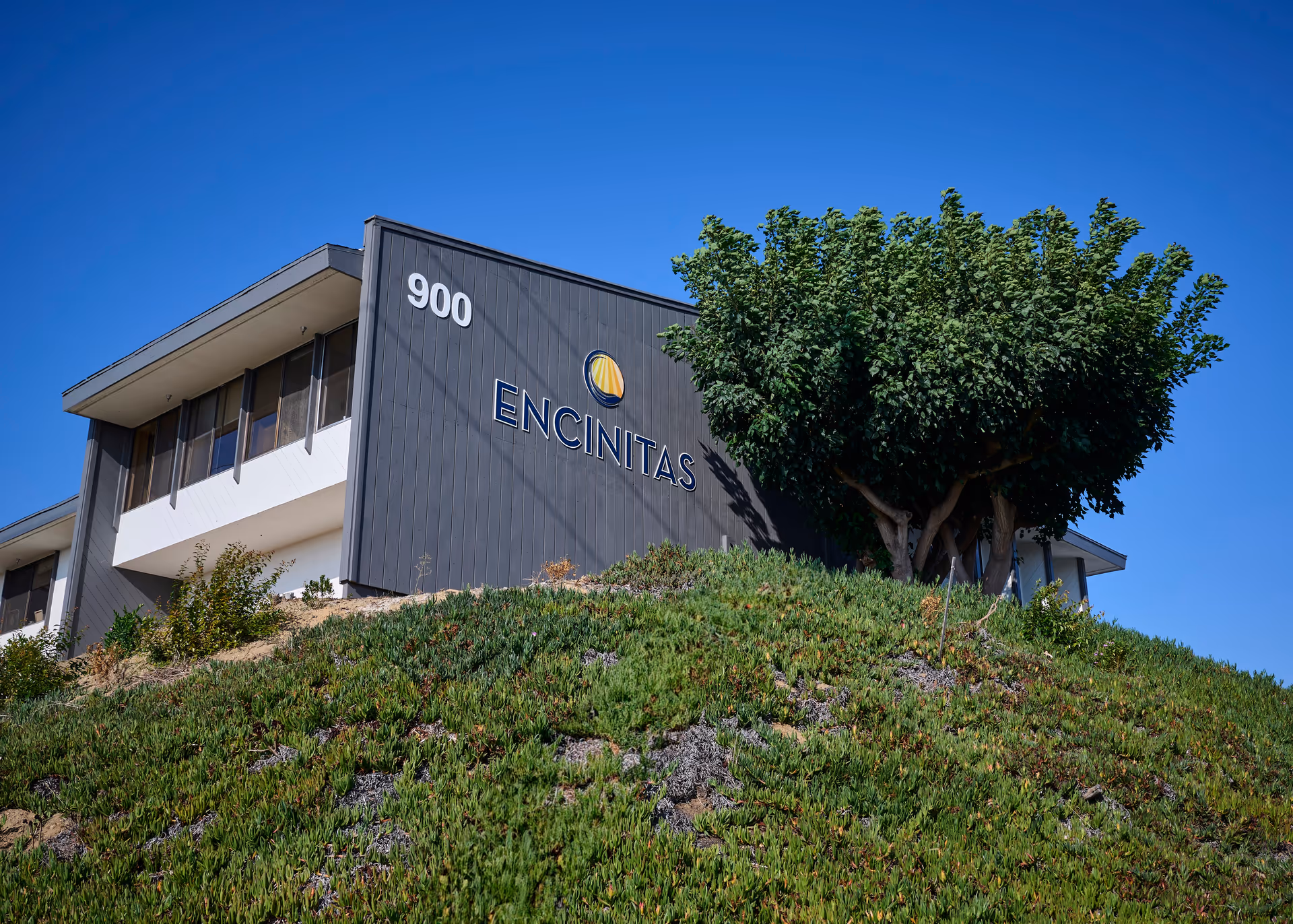 Exterior view of Encinitas Nursing and Rehabilitation Center on a grassy hill under blue sky