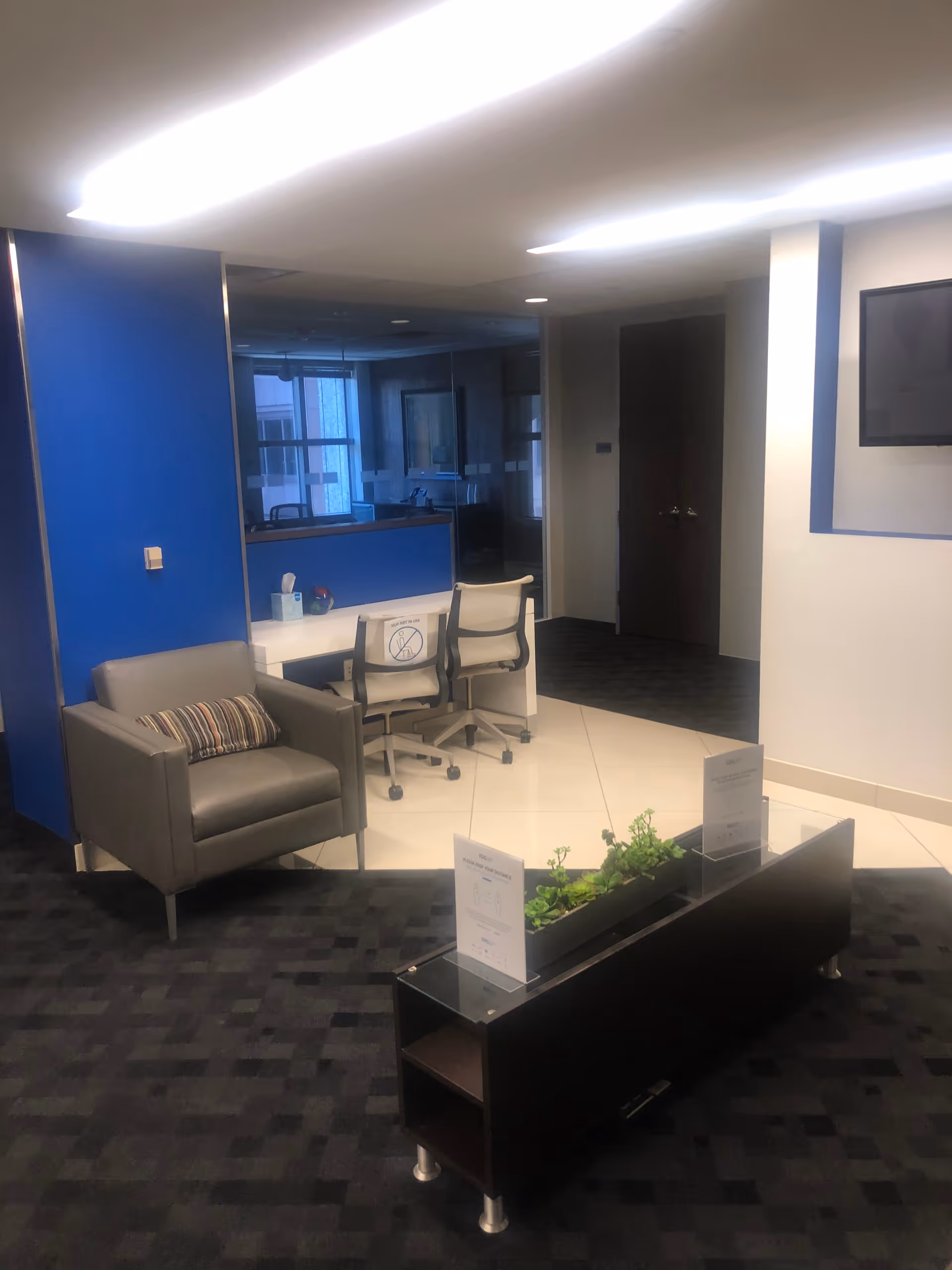 Modern interior lobby with blue walls, seating, a reception desk, and a planter