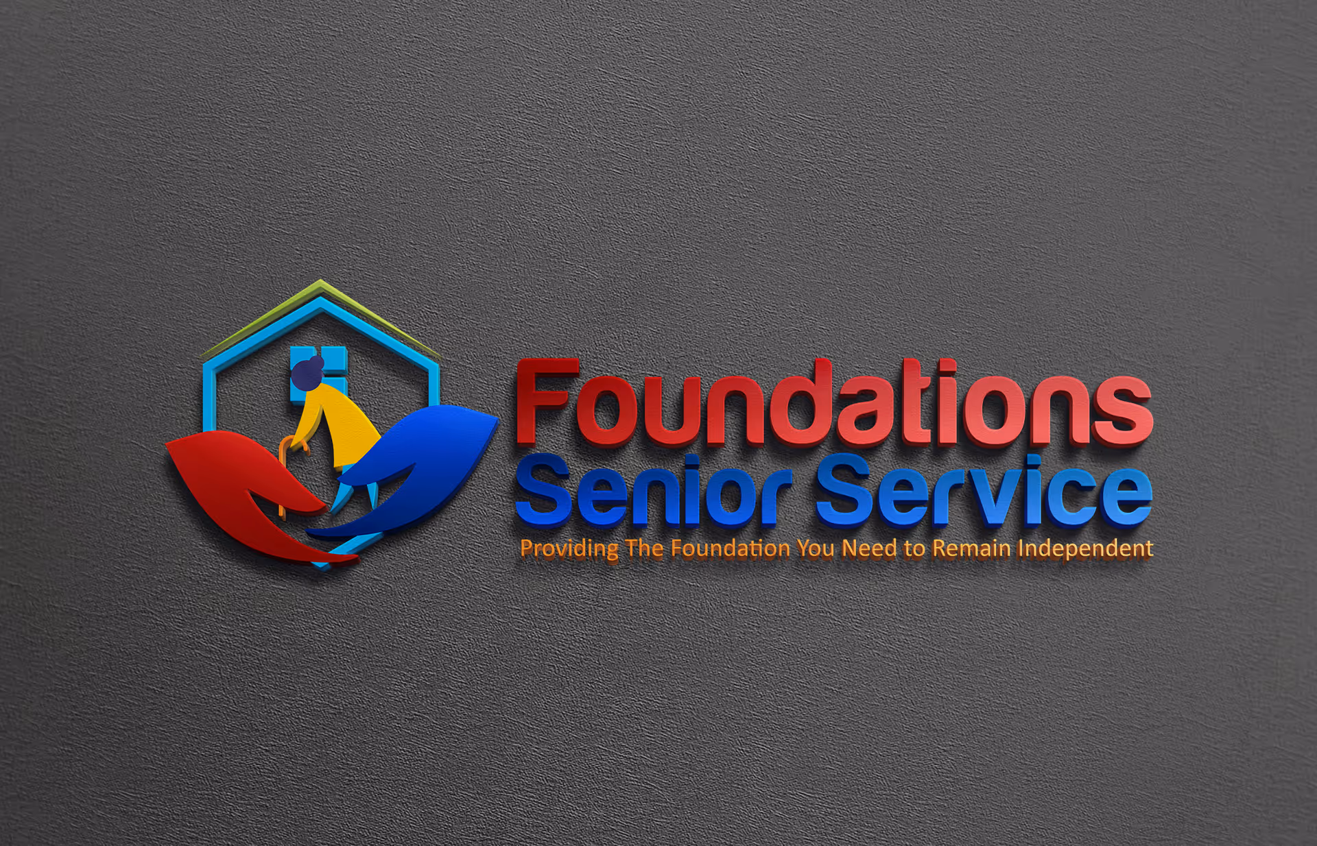 Colorful Foundations Senior Service logo and sign mounted on a gray wall.