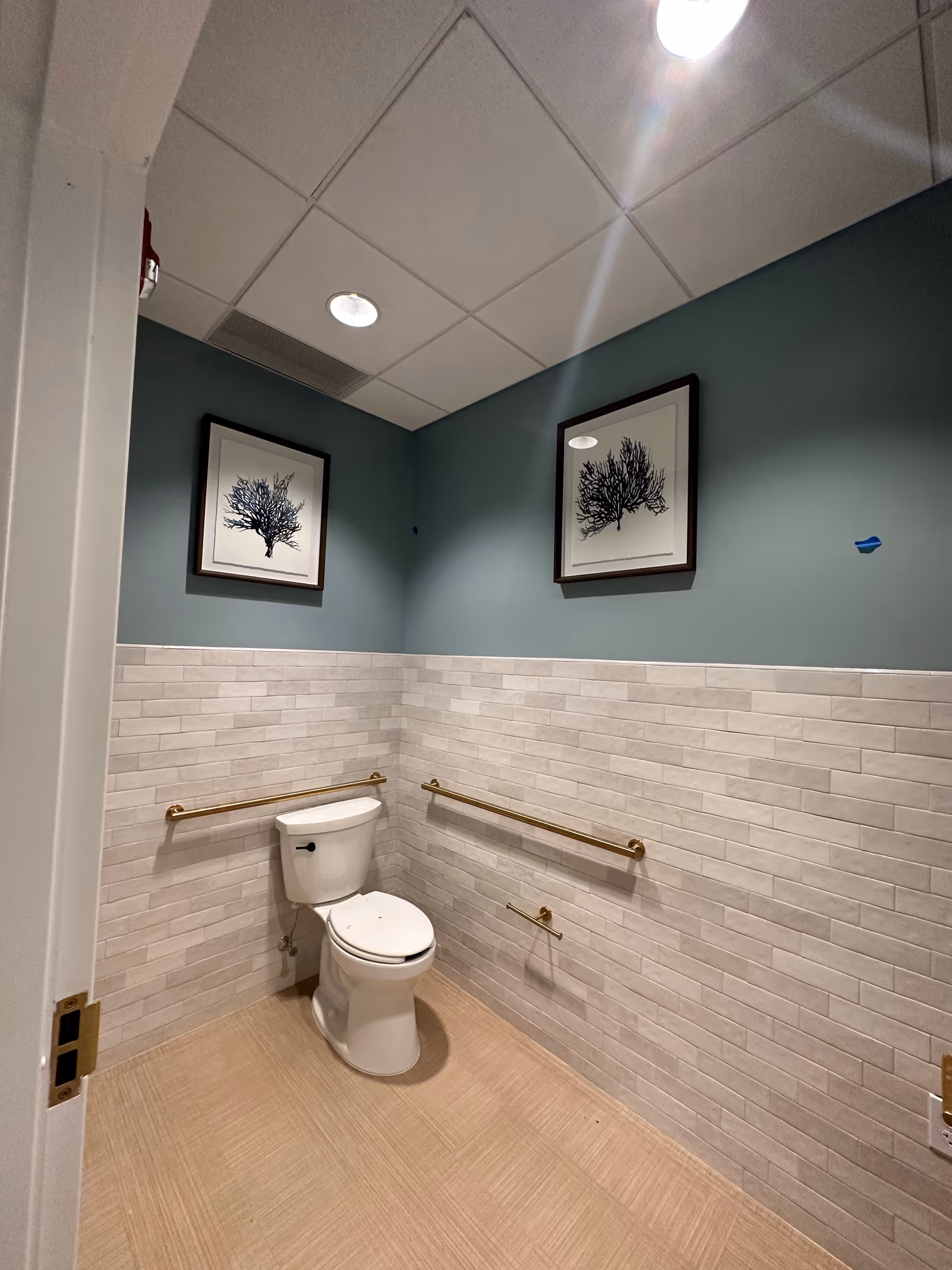 Accessible bathroom with toilet, grab bars, tiled walls, and framed tree pictures.