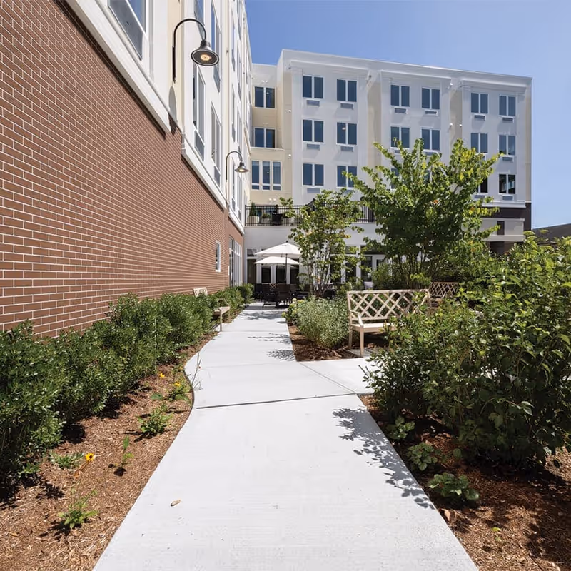 Sunlit courtyard walkway lined with landscaping, benches, and patio umbrellas leading to a multi-story senior living building.