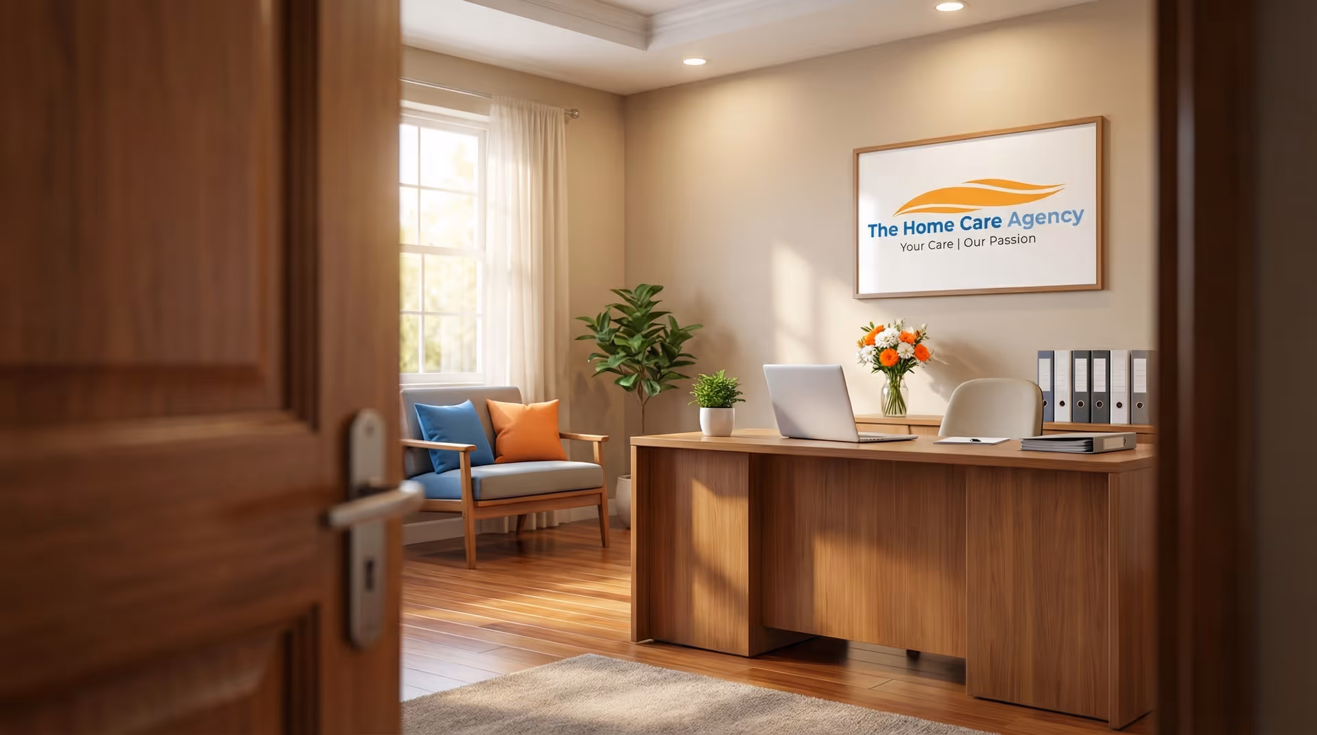 Well-lit reception office with desk, seating area, plants, and a wall logo.