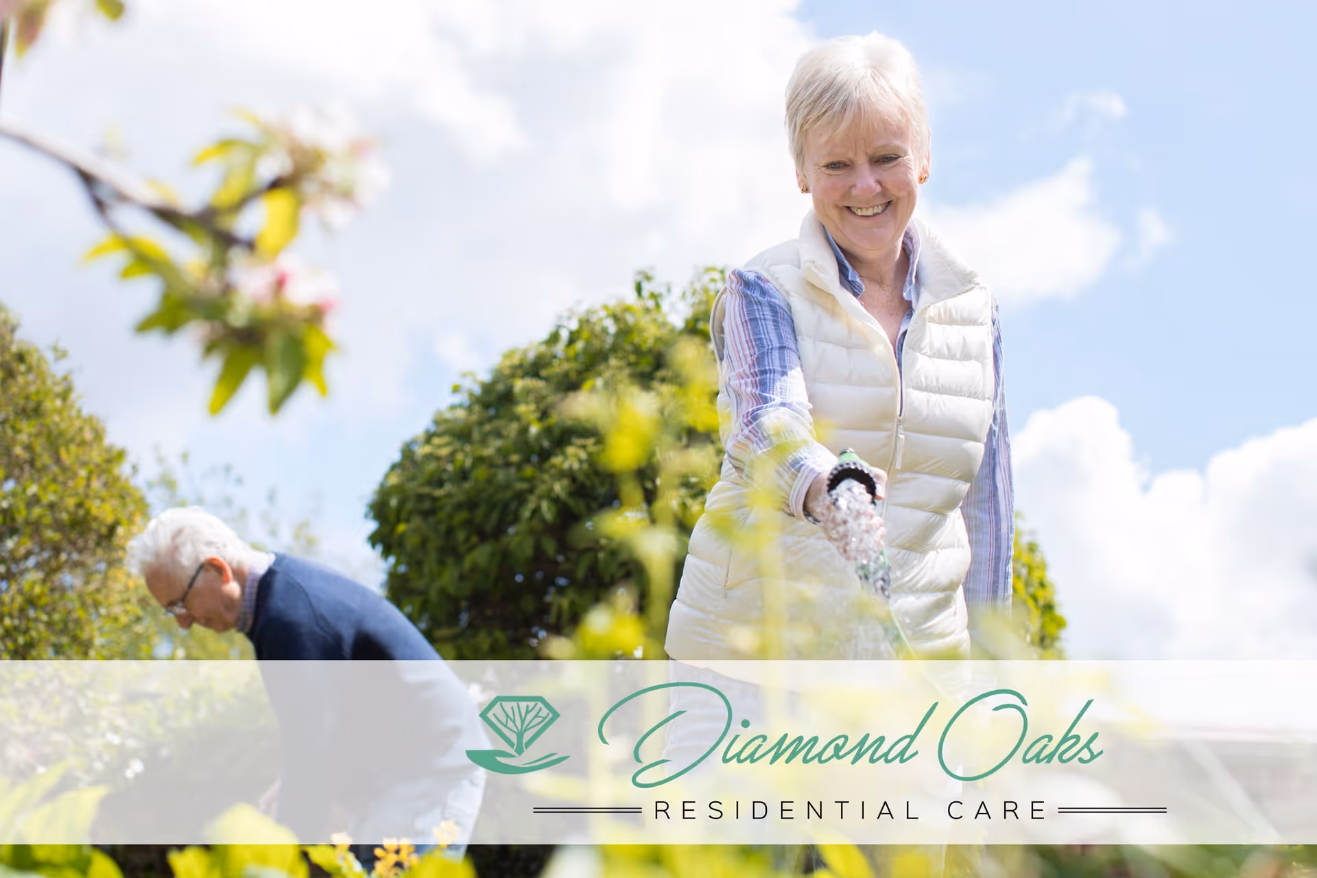 Two seniors gardening outdoors with a Diamond Oaks watermark across the bottom.